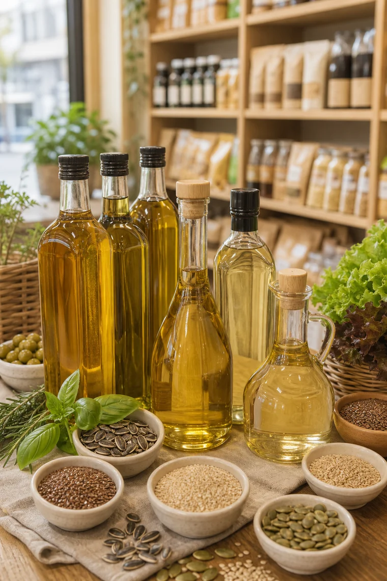 Бутылки растительных масел и продукты для домашней кухни