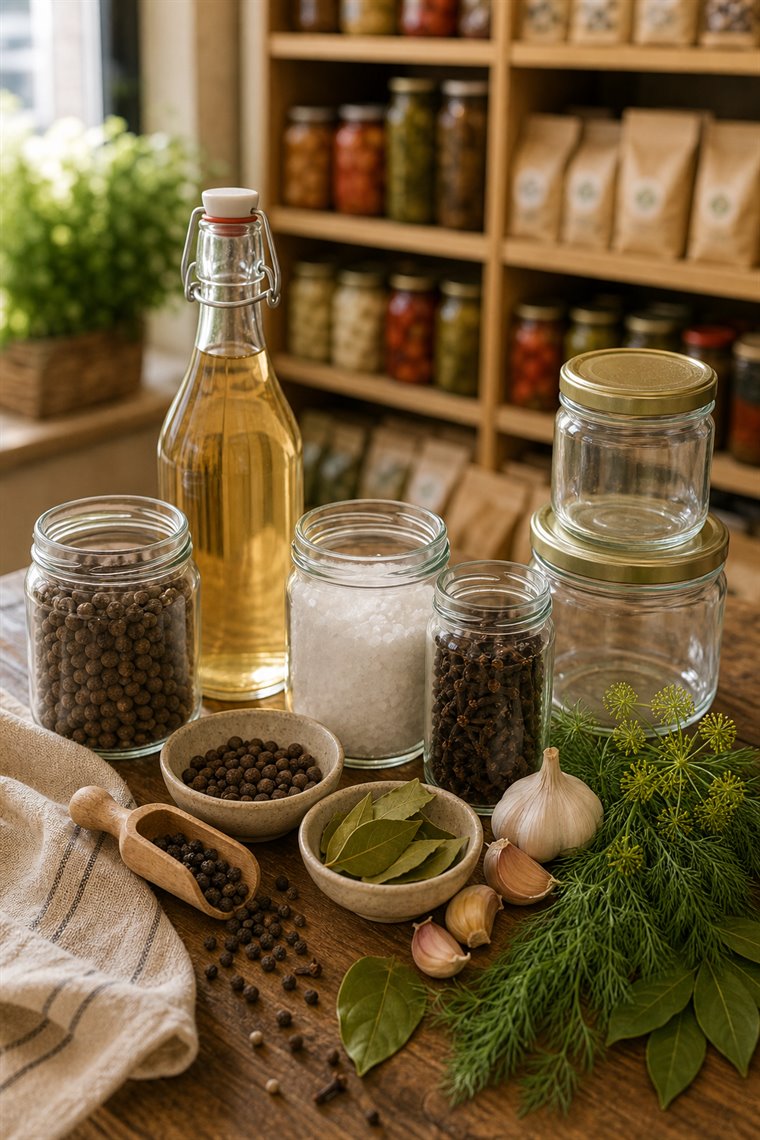 Уксус, специи, банки и укроп для заготовок и маринадов
