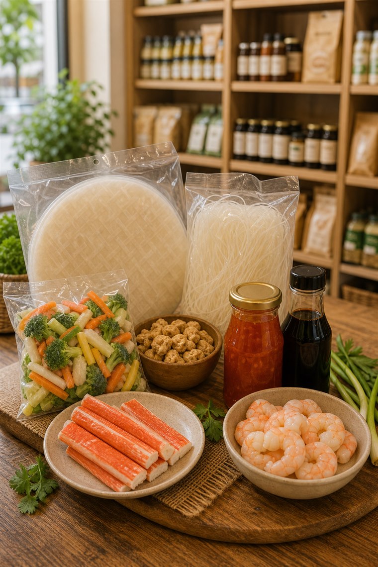 Лапша, овощи и продукты для спринг-роллов